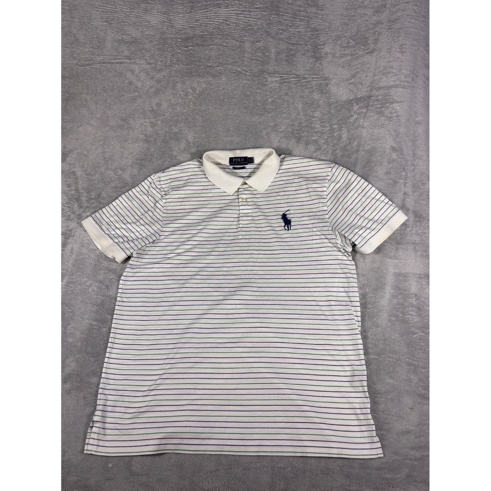 Polo Ralph Lauren Pro Fit Mens L White Striped Short Sleeve Embroidered Big Pony